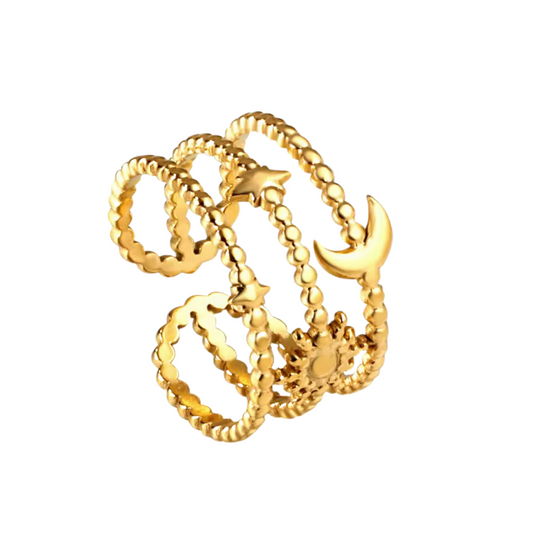 Golden Beaded Sun & Moon Adjustable Ring - Ahlis Luxe